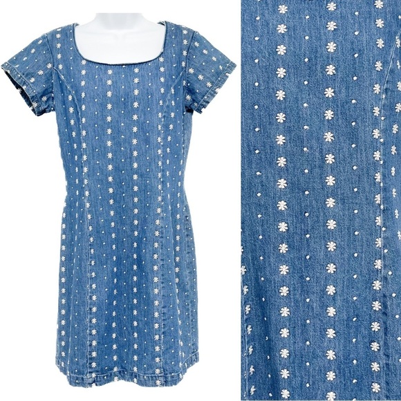 Vintage Floral Embroidered Denim Jean Midi Dress Short Sleeve Made in USA Size 4 - Picture 1 of 9